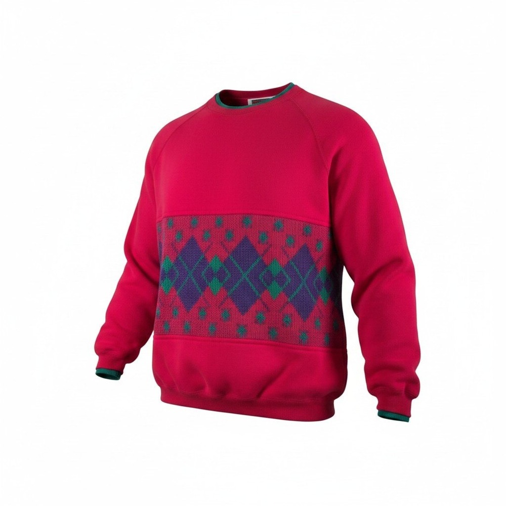 Vintage Eileen & CO Pink Argyle Mixed Media Crewneck Sweatshirt Women Large 90s